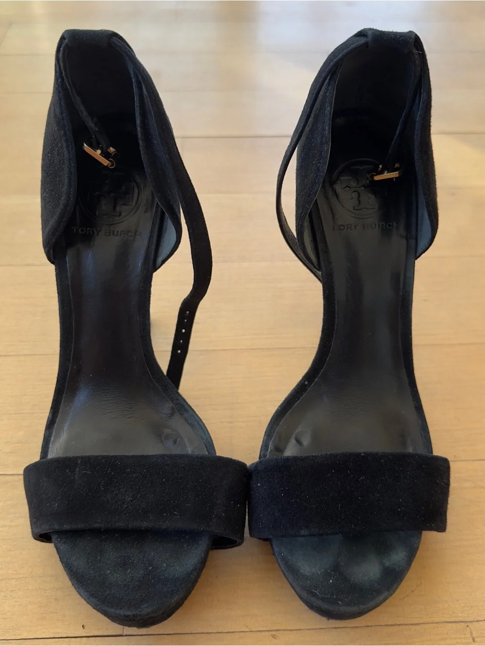 Tory Burch Black Suede Open-Toe Ankle Strap Heels